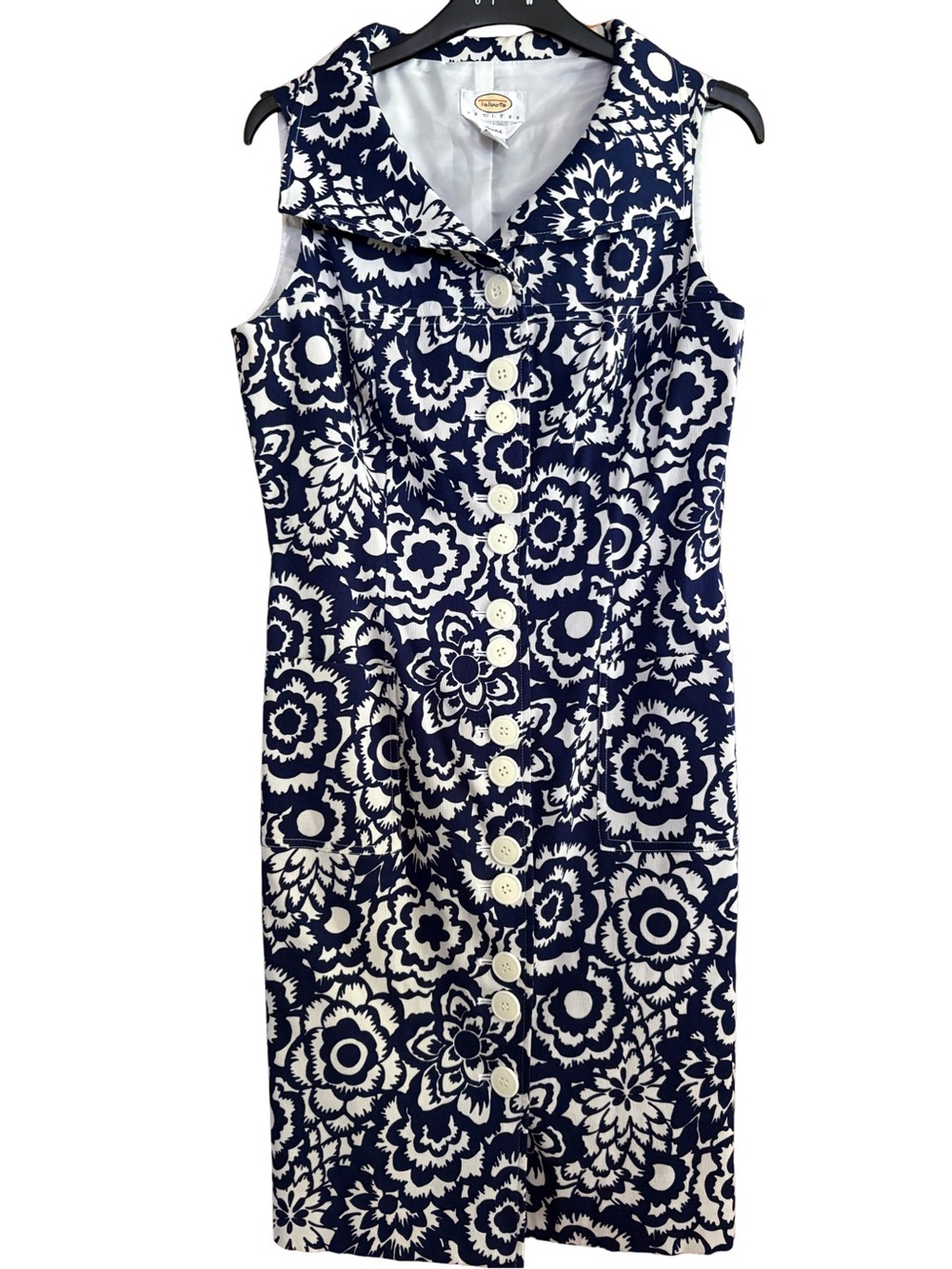 Talbots navy and white floral sleeveless button-front midi dress Size 6 Stretch
